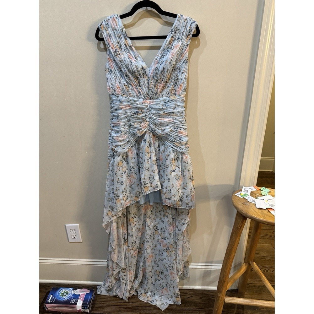 Mac Duggal Floral Print Ruched Cap Sleeve High Low Gown Blue Multi Size 6 - Picture 3 of 13